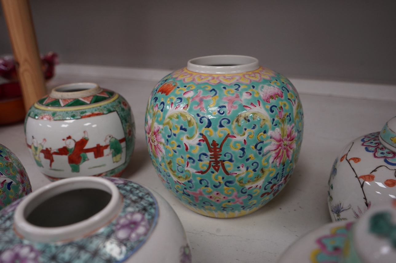 Six early 20th century Chinese enamelled porcelain jars, two with covers, largest 16cm high. Condition - fair, some cracks